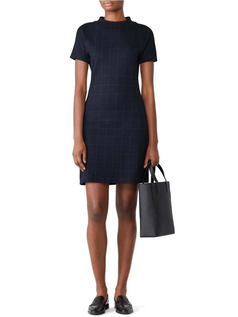Theory Dolman Shift Windowpane Knit Mock Neck Short-Sleeve Navy A-Line Dress Med